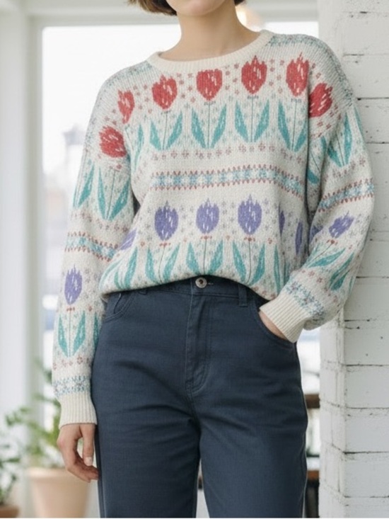 Vintage Sweaters - Vintage 80s Bedford Fair Tulip Floral Pastel Knit Cotton Made in USA Sweater